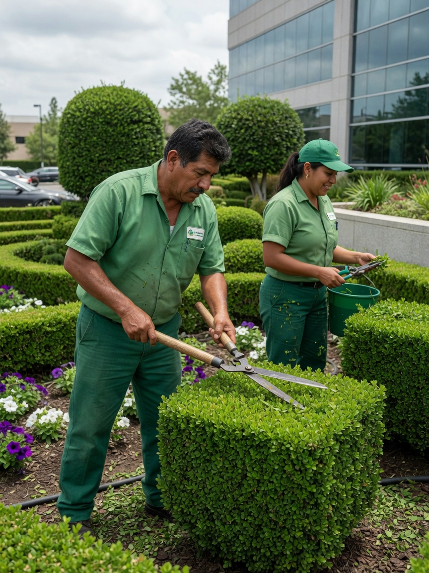 Equipo de Paisajes Benlo dando mantenimiento a un jardín corporativo